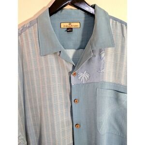 Tommy Bahama Mens XL Silk Button Down Shirt Blue Palm Tree Plaid Short Sleeve